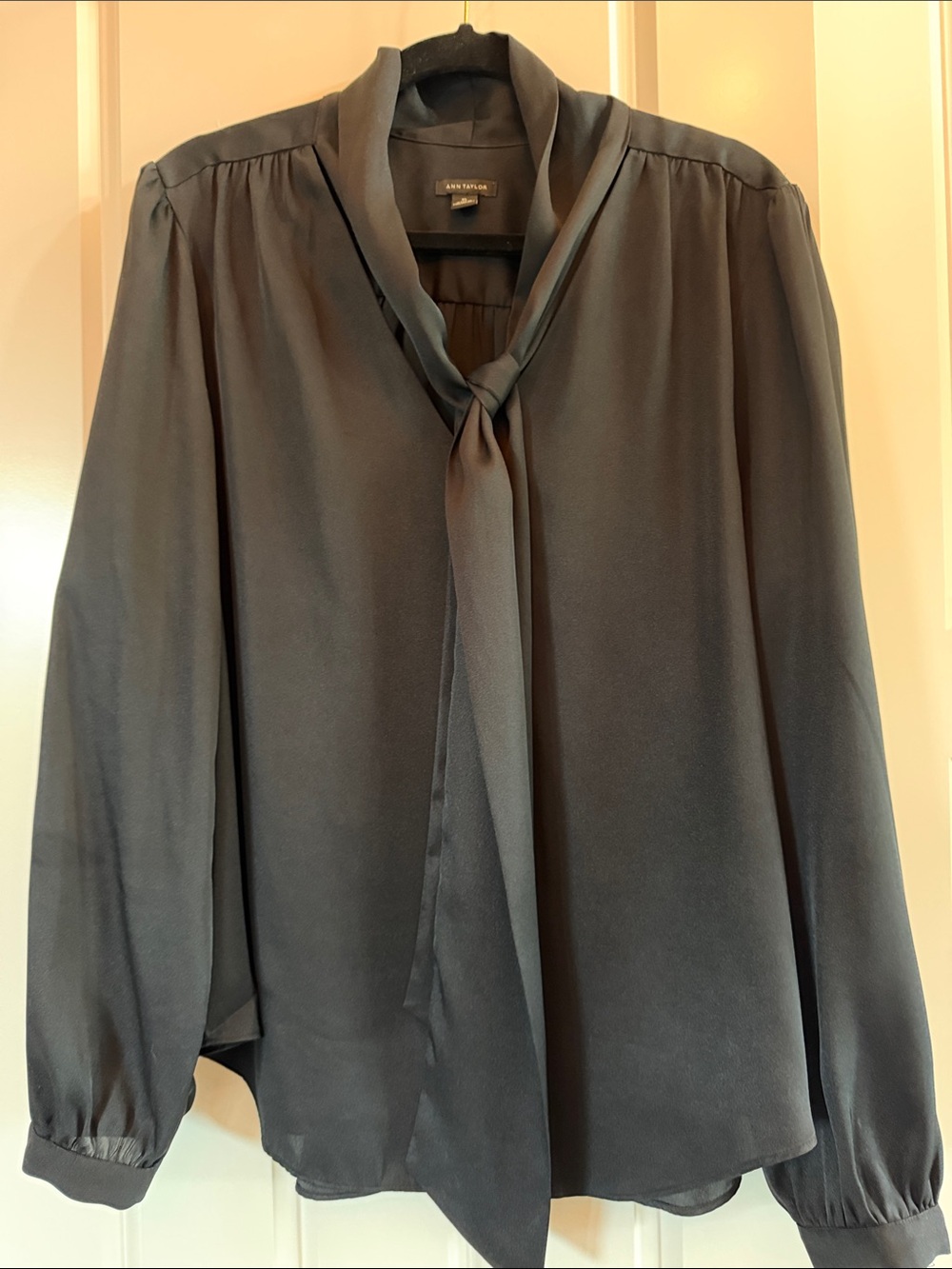 Ann Taylor Charcoal Tie-Neck Blouse